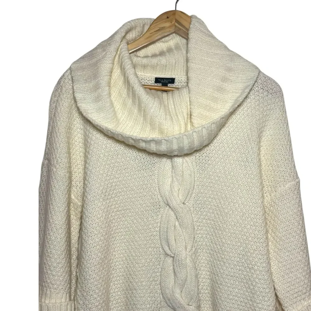 Talbots Wool Alpaca Cream Turtleneck Cuff Sleeve Cable Knit Pullover Sweater